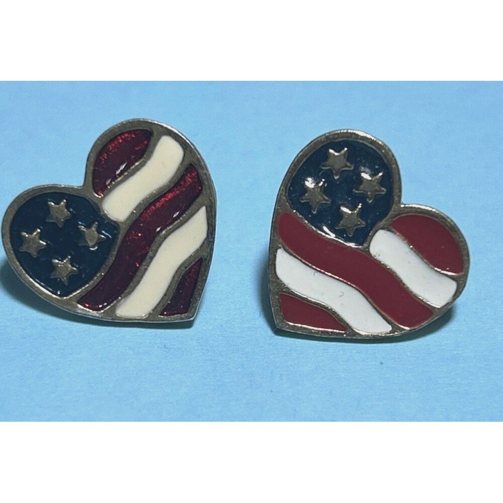 AVON Goldtone Red White Blue Patriotic Flag Heart of America Earrings